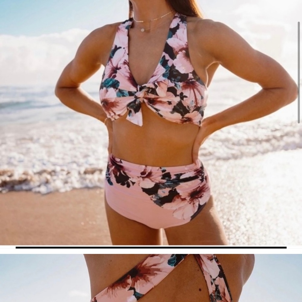 Albion Fit Bronte Bikini Floral Top Knot and Ruched High-Waisted Bottoms Large